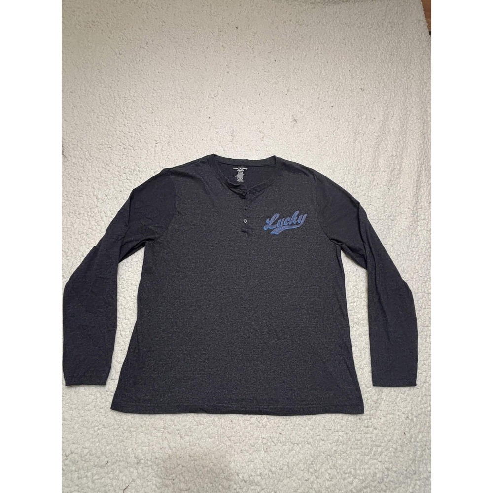 Lucky Brand Mens Henley T-shirt Large Gray Long Sleeve Sleep Shirt Graphic